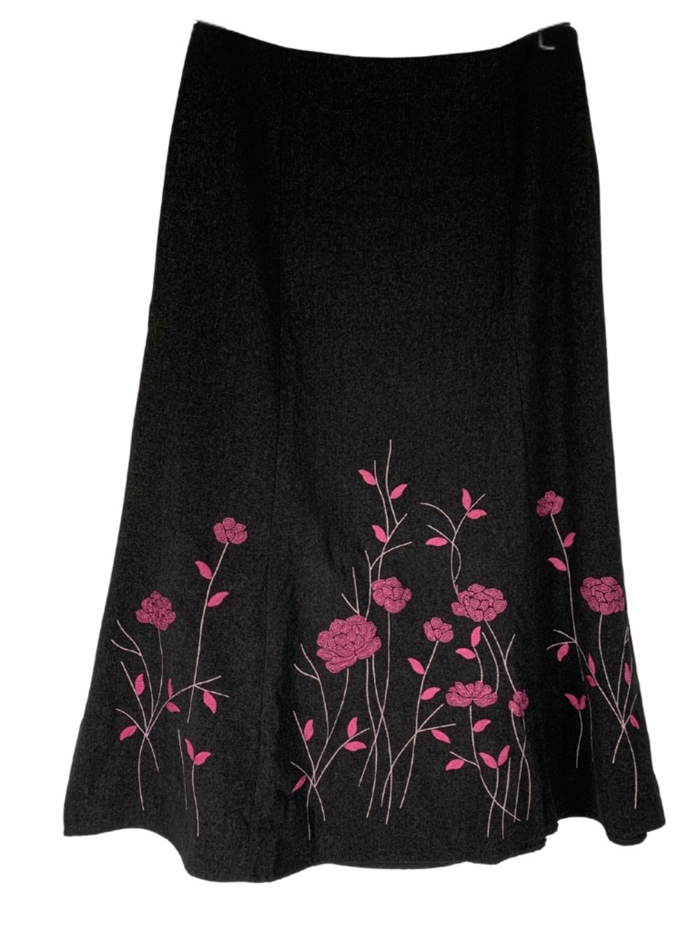 Michele Black Maxi Skirt with Pink Floral Embroidery Women 14 Vintage Boho Y2K